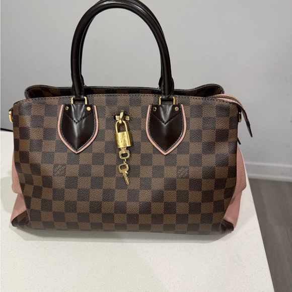 Handbags - Elegant Brown and Pink Checkered Handbag